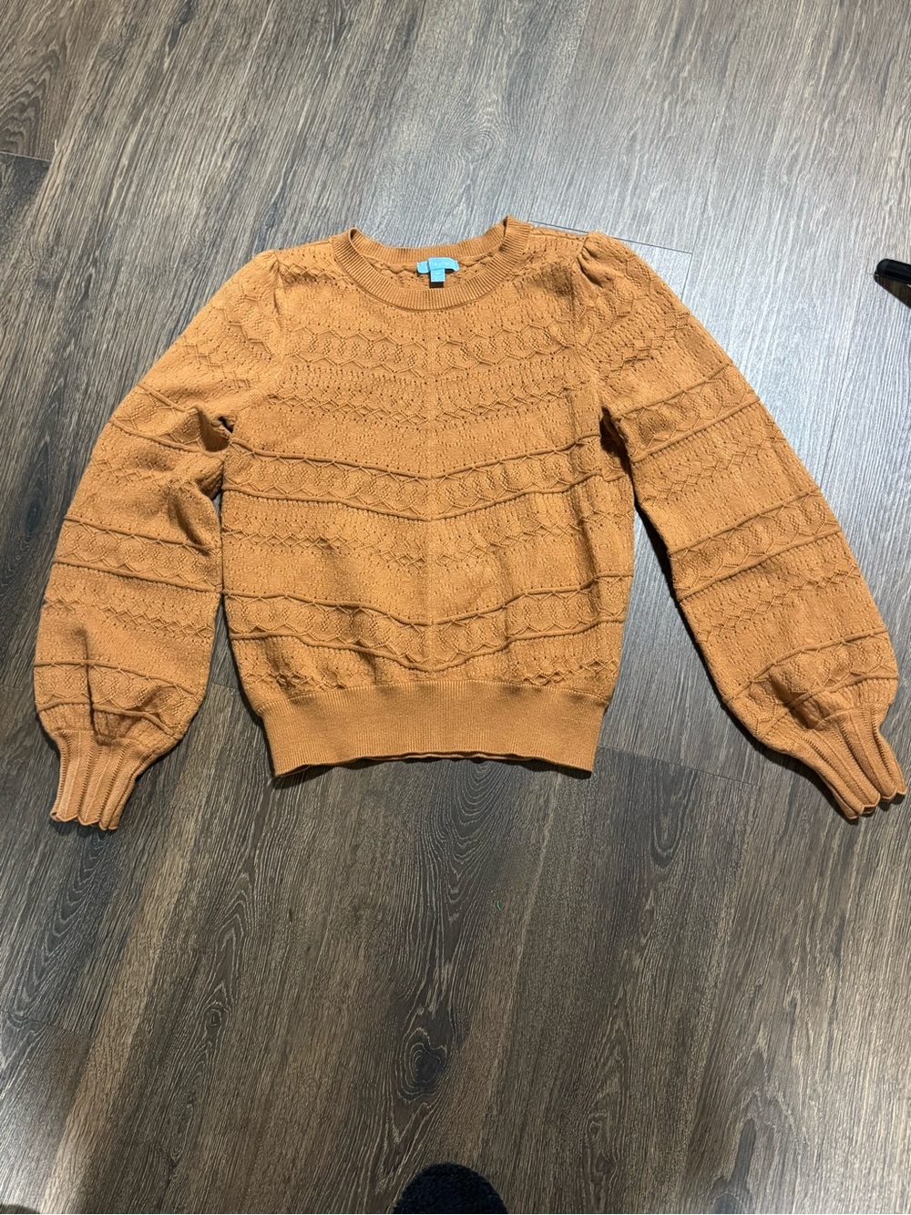 Draper James Brown Pointelle Cable Knit Sweater Balloon Sleeve Sz M Preppy Fall